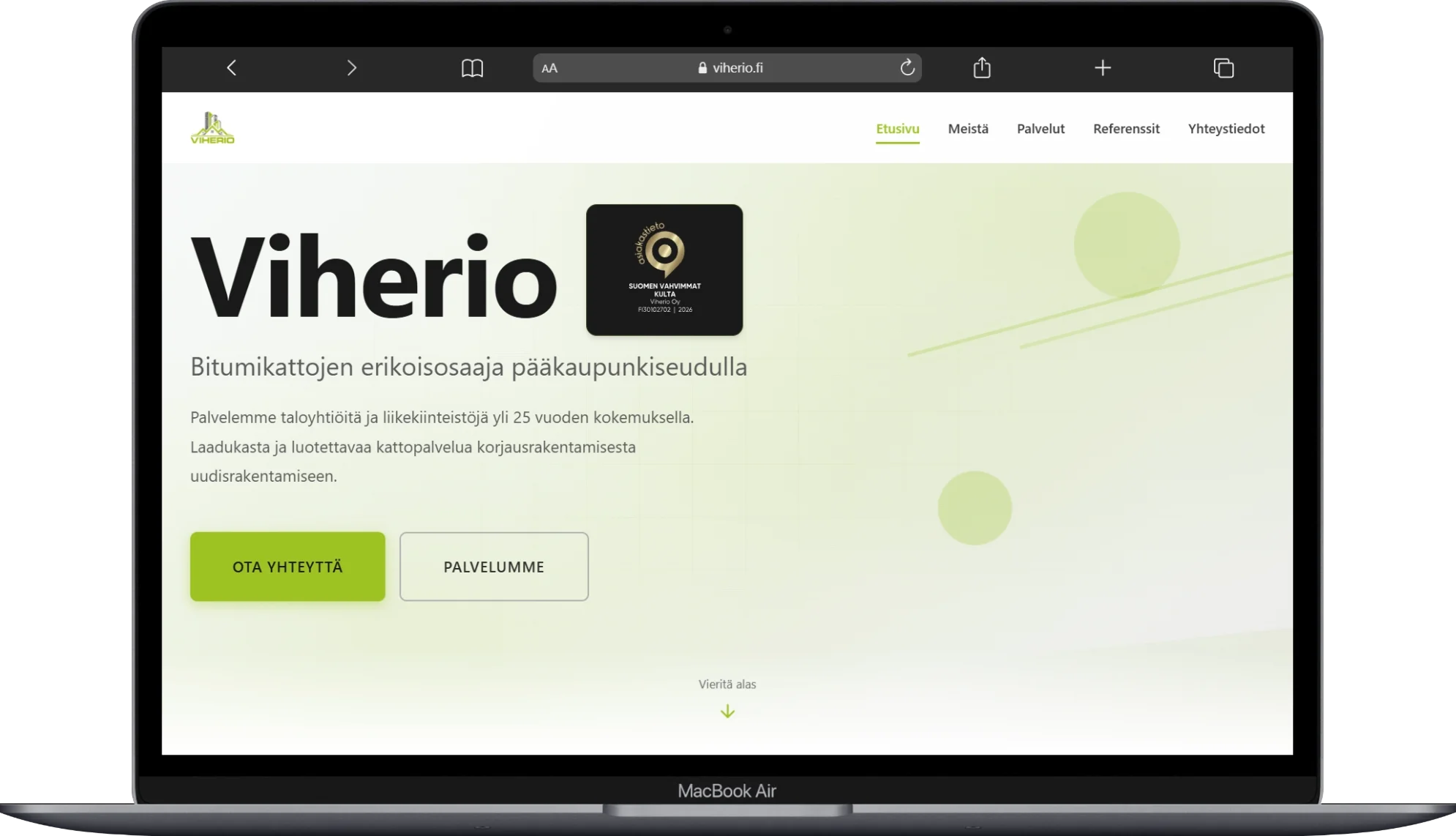 Viherio.fi verkkosivut tietokoneella